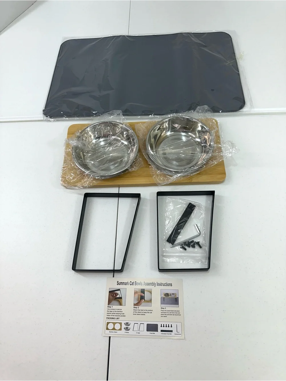 Elevated bamboo cat bowls w/food mat anti vomiting raised cat dishes